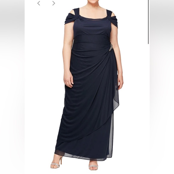 Alex Evenings Cold Shoulder Mesh Dress Cowl Neck Formal women’s 22W navy NWT - Picture 1 of 15